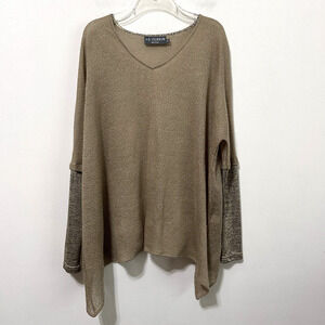 Abi Ferrin Sweater Knit Top S Tan Gold Shimmer Sleeve V Neck Shark Bite Hem Thin